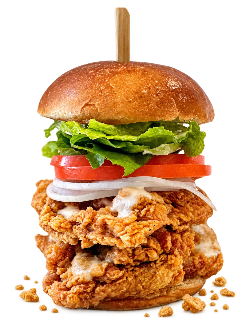 Chicken Is Back의 Premium Deluxe Thigh Burger. 브리오슈 번에 튀긴 닭다리살 두 장과 양상추, 토마토, 양파