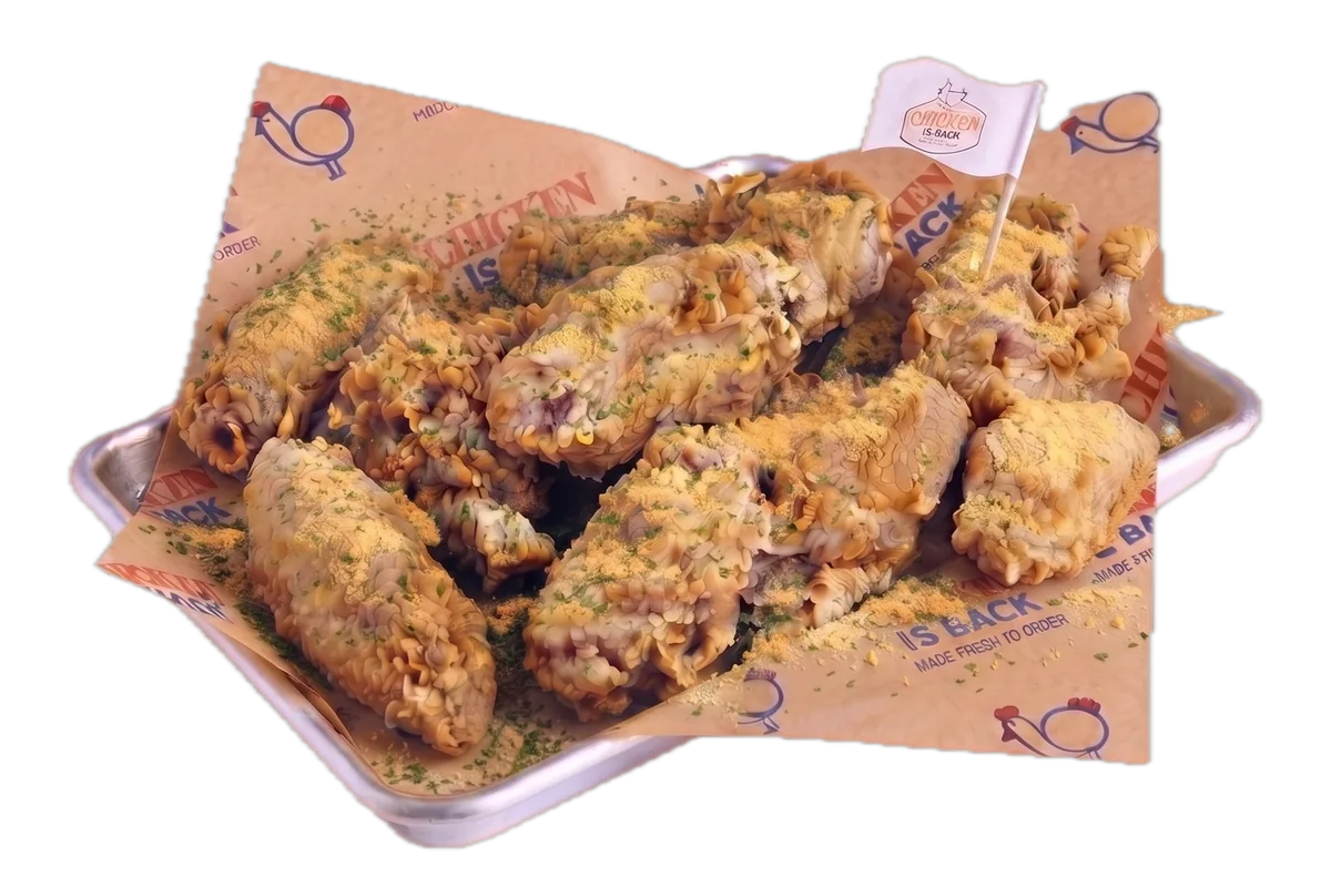 Snowing Cheese wings on a tray at Chicken Is Back